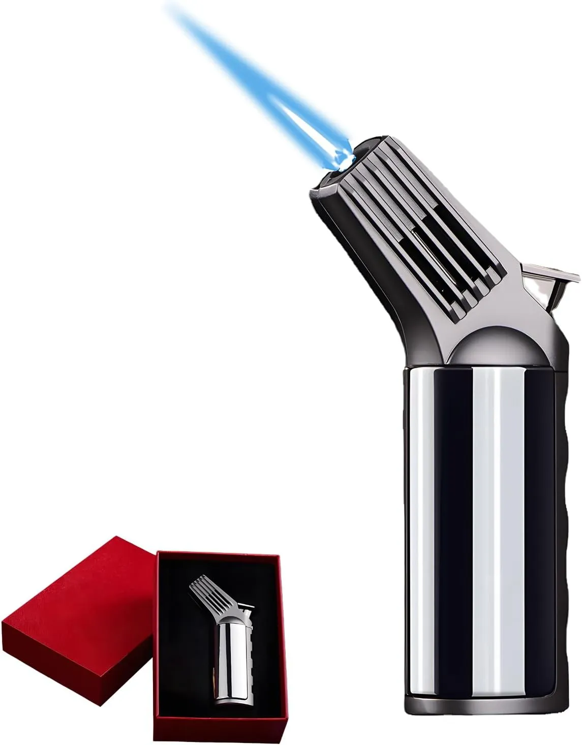 Windproof Torch Flame Inflatable High Temperature Direct Gas Igniter Moxibustion, Torch Lighter, Adjustable Flame Refillable Pocket Lighter for Kitchen Outdoor Use, Zinc Alloy (Black Ice)