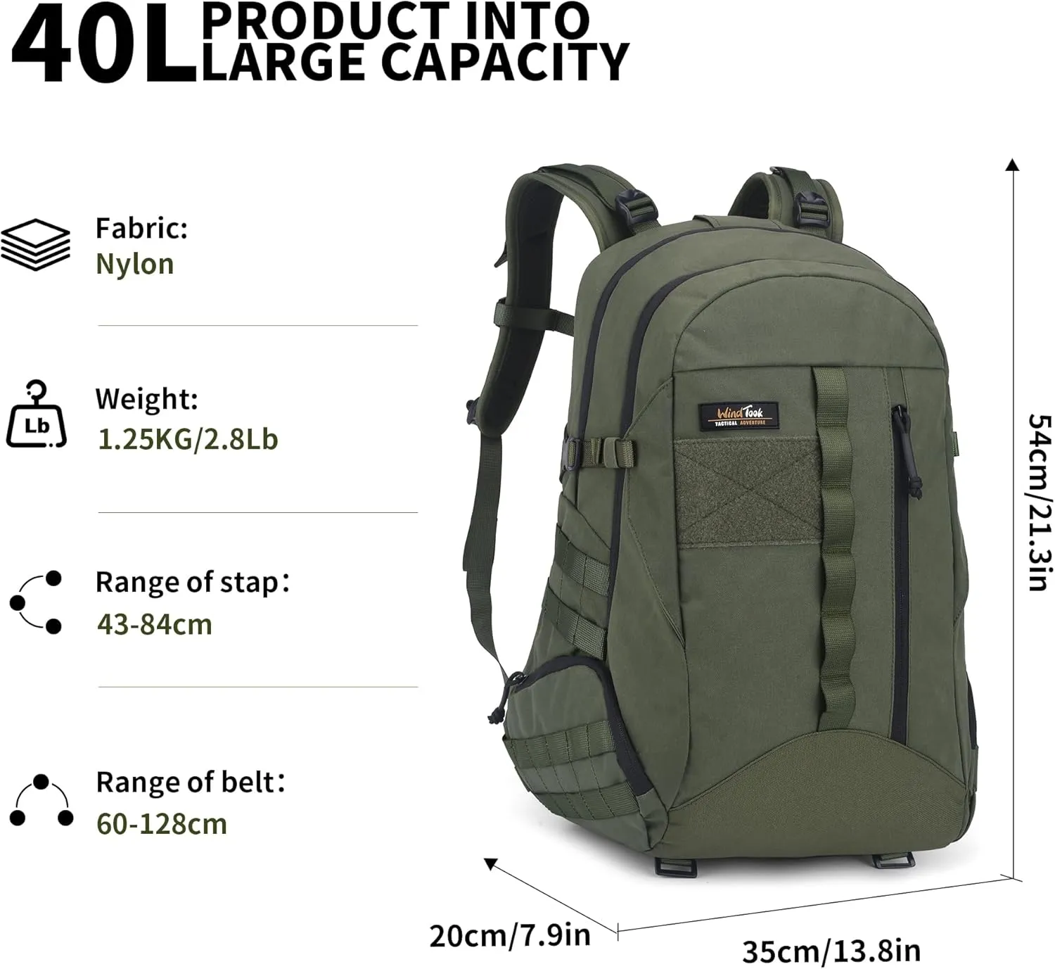 WindTook 40L Military Tactical Backpack for Men and Women,Molle Hiking daypacks Assault Pack 3 Day Bug Out Bag for Camping Travel Army Hunting Gym Rucksack Survival (Green)
