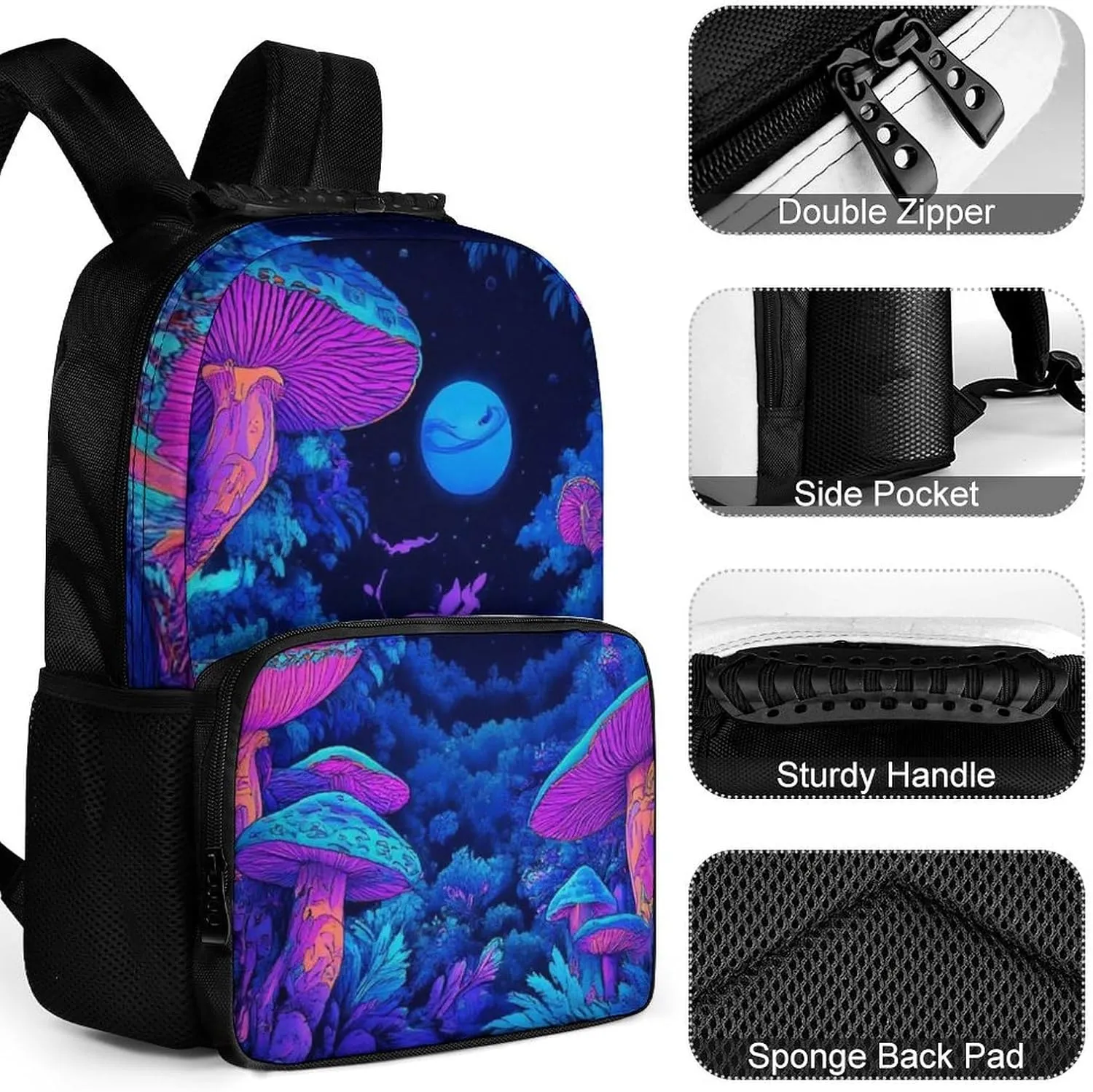 Women Men Polyester Magic Mushroom Mushrooms Scenery Casual Daypack Large Capacity Bookbag With Side Pockets for Sports Picnic Walking Cycling