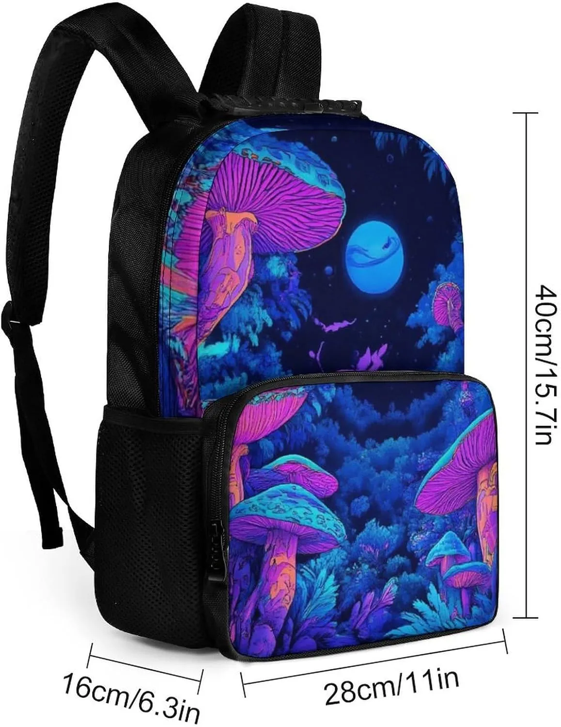 Women Men Polyester Magic Mushroom Mushrooms Scenery Casual Daypack Large Capacity Bookbag With Side Pockets for Sports Picnic Walking Cycling