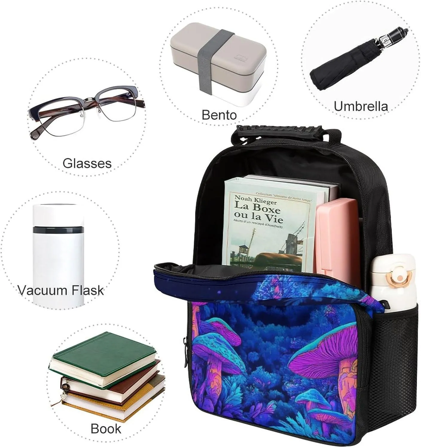 Women Men Polyester Magic Mushroom Mushrooms Scenery Casual Daypack Large Capacity Bookbag With Side Pockets for Sports Picnic Walking Cycling