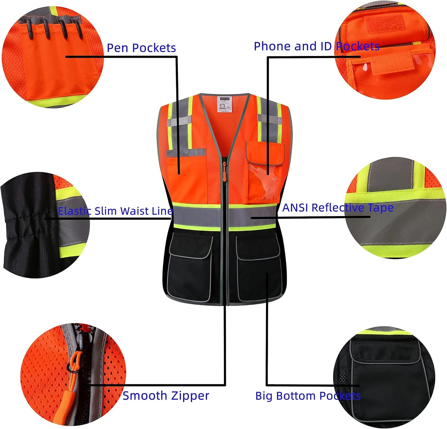 Women Safety Vest, Multi Pockets High Visibility Reflective Breathable Mesh Work Vest For Lady, Durable Zipper