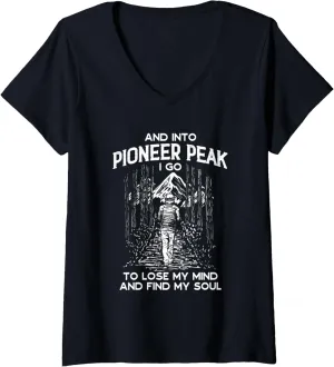 Womens And Into Pioneer Peak I Go Hiking Alaska Hiker AK Camping V-Neck T-Shirt