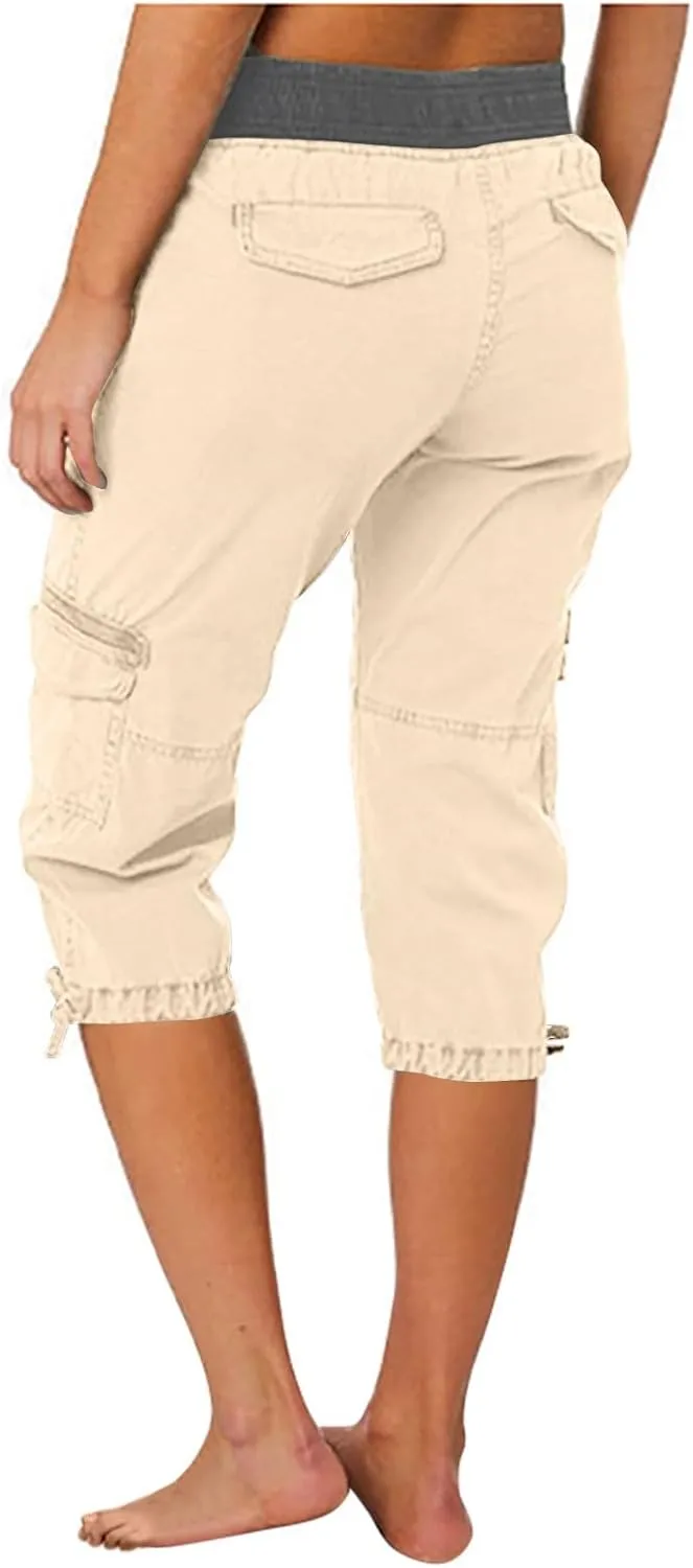 Womens Capri Cargo Pants Hiking Lightweight with Pockets Curvy Summer Causl Baggy Cotton Bermuda Shorts Knee Length