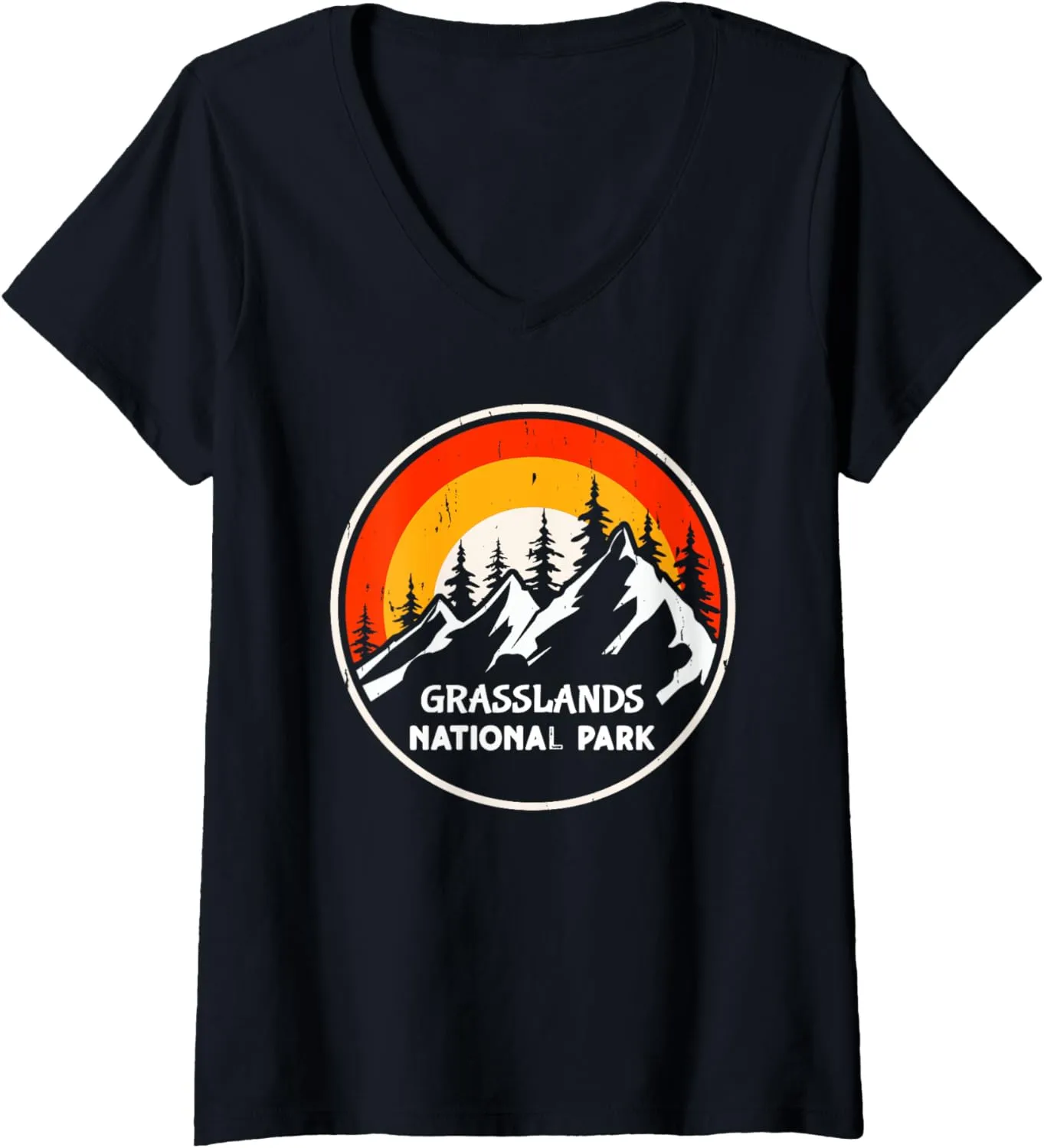 Womens Grasslands National Park Mountain Trees Camping Hiking V-Neck T-Shirt