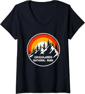 Womens Grasslands National Park Mountain Trees Camping Hiking V-Neck T-Shirt
