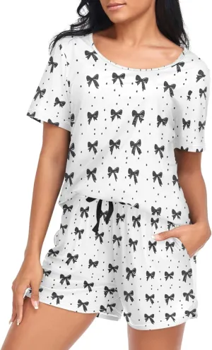 Women's Pajama Set Black Bow Polka Dots Short Sleeve Sleepwear Soft Pjs Lounge Set with Pockets S-XXL