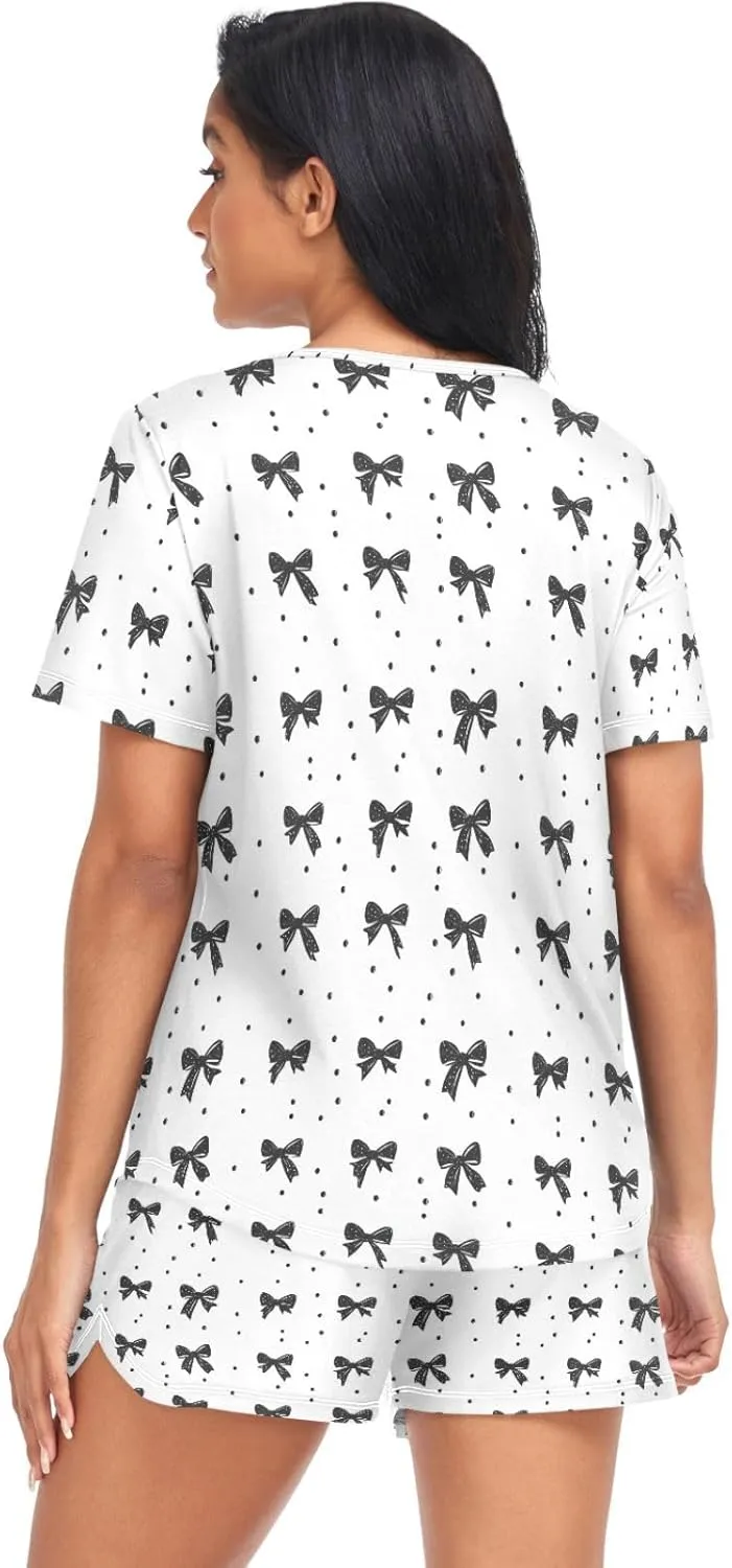 Women's Pajama Set Black Bow Polka Dots Short Sleeve Sleepwear Soft Pjs Lounge Set with Pockets S-XXL