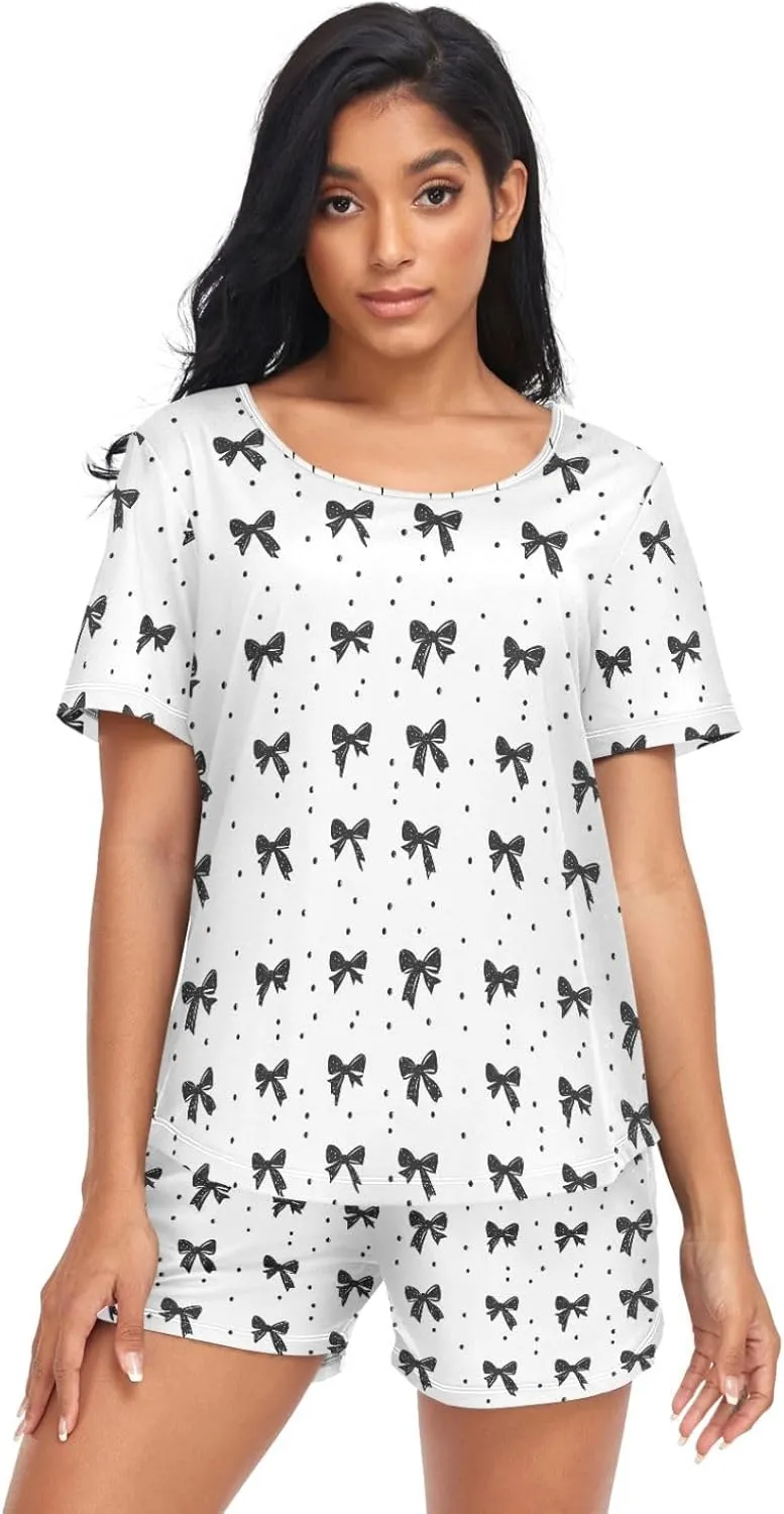 Women's Pajama Set Black Bow Polka Dots Short Sleeve Sleepwear Soft Pjs Lounge Set with Pockets S-XXL