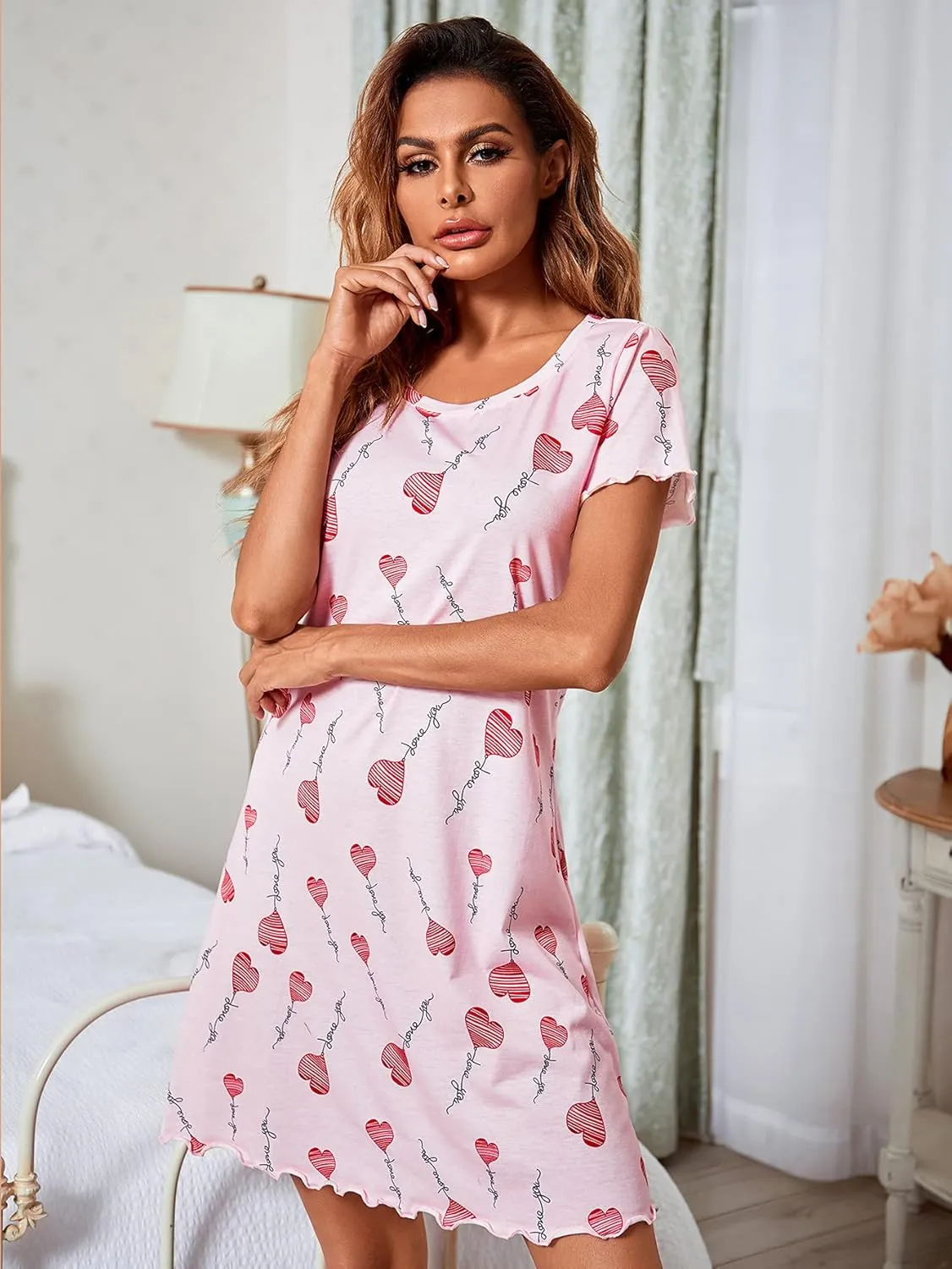 Womens Short Sleeve Sleepshirt Scoopneck Cute Nightdress Ruffle Comfy Nightgown