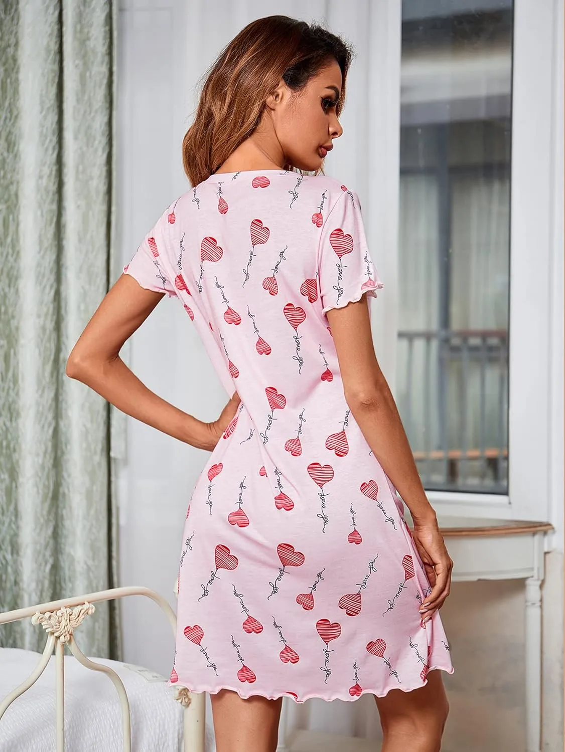 Womens Short Sleeve Sleepshirt Scoopneck Cute Nightdress Ruffle Comfy Nightgown