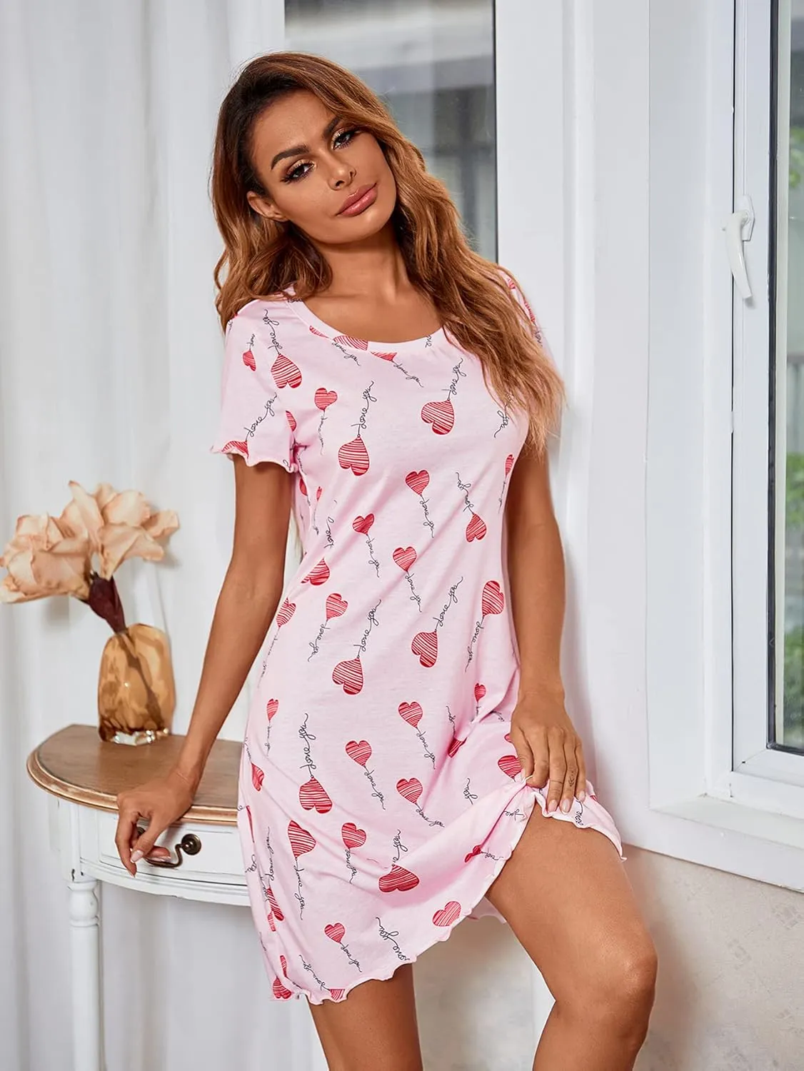 Womens Short Sleeve Sleepshirt Scoopneck Cute Nightdress Ruffle Comfy Nightgown