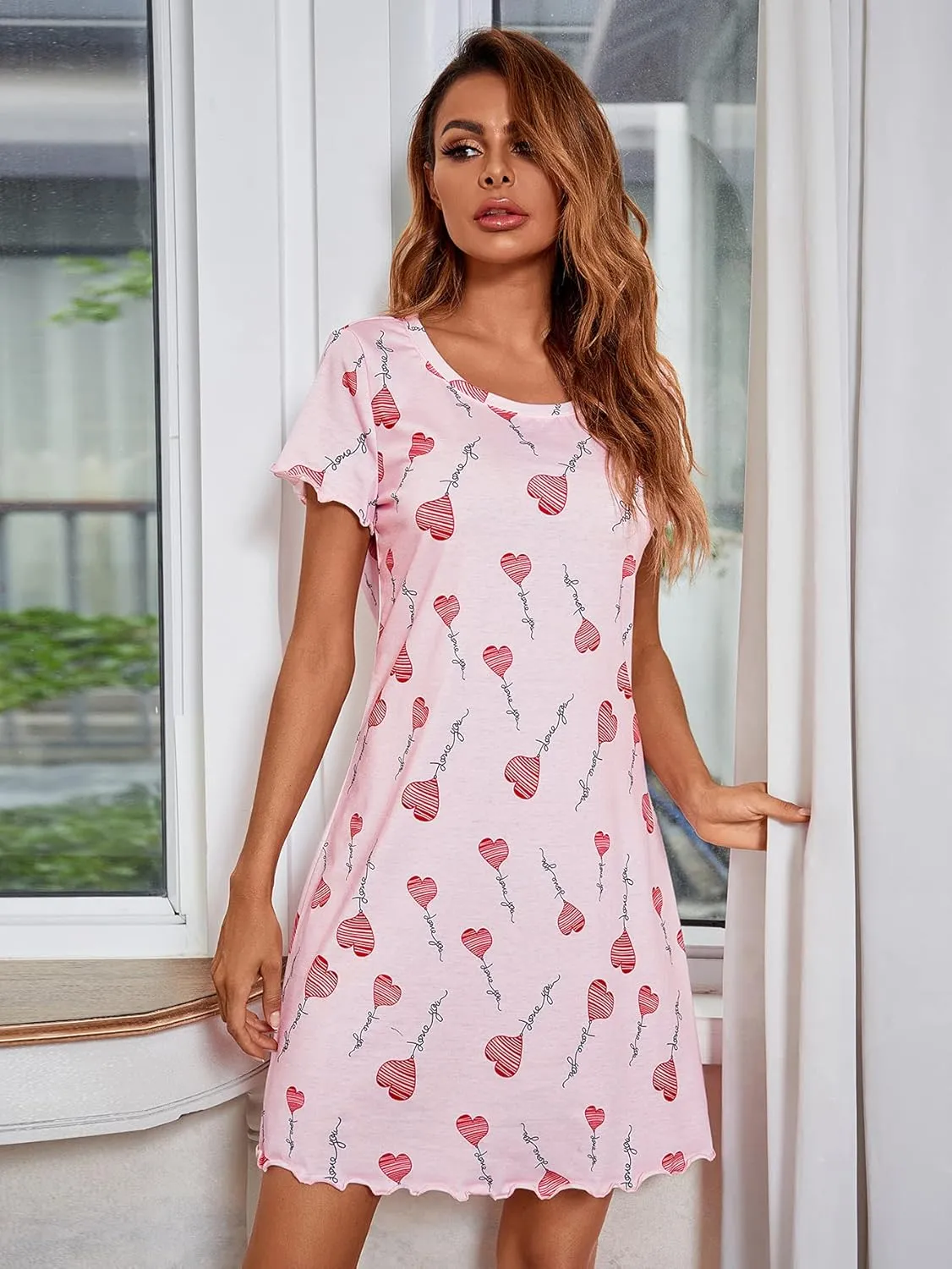 Womens Short Sleeve Sleepshirt Scoopneck Cute Nightdress Ruffle Comfy Nightgown