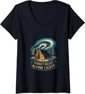 Womens Summit Nights Alpine Lights Alpine Camping V-Neck T-Shirt
