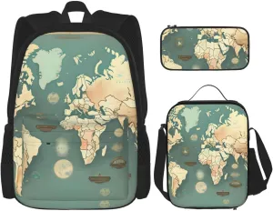 World Map Retro Print Pencil Case Lightweight Casual Fashion Backpack Lunch Bag Large Capacity Travel Bag