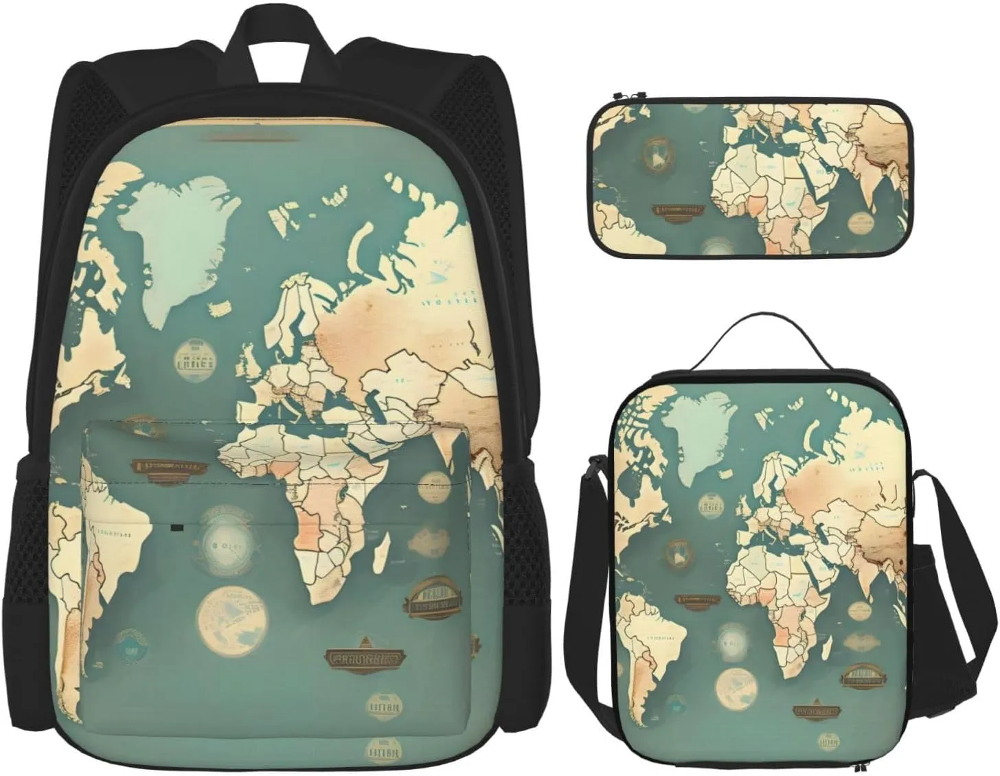 World Map Retro Print Pencil Case Lightweight Casual Fashion Backpack Lunch Bag Large Capacity Travel Bag