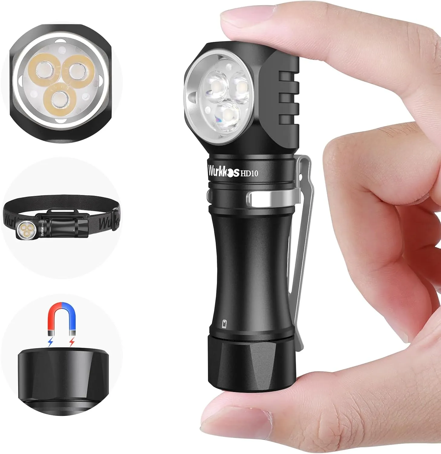 Wurkkos Flashlight Rechargeable 1200 Lumens Small Flashlights with Magnet - HD10 Right Angle Flashlight with Anduril 2.0 RGB UI, IP68 Pocket Flash Light for Headlamp Use,Working,Hiking,-4000K-Black