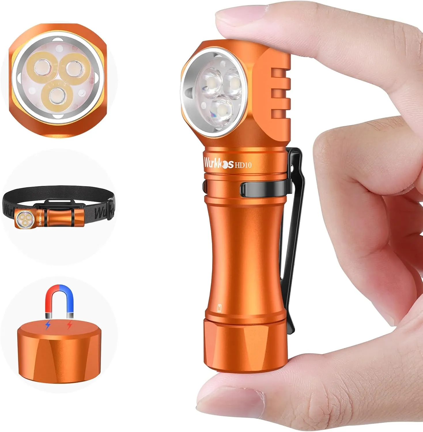 Wurkkos HD10 Flashlight Rechargeable 1200 Lumens Small,Magnet - Right Angle Flashlight with Anduril 2.0 RGB UI, IP68 Waterproof for Headlamp Use,Working,Hiking,Climbing-Orange 6000K