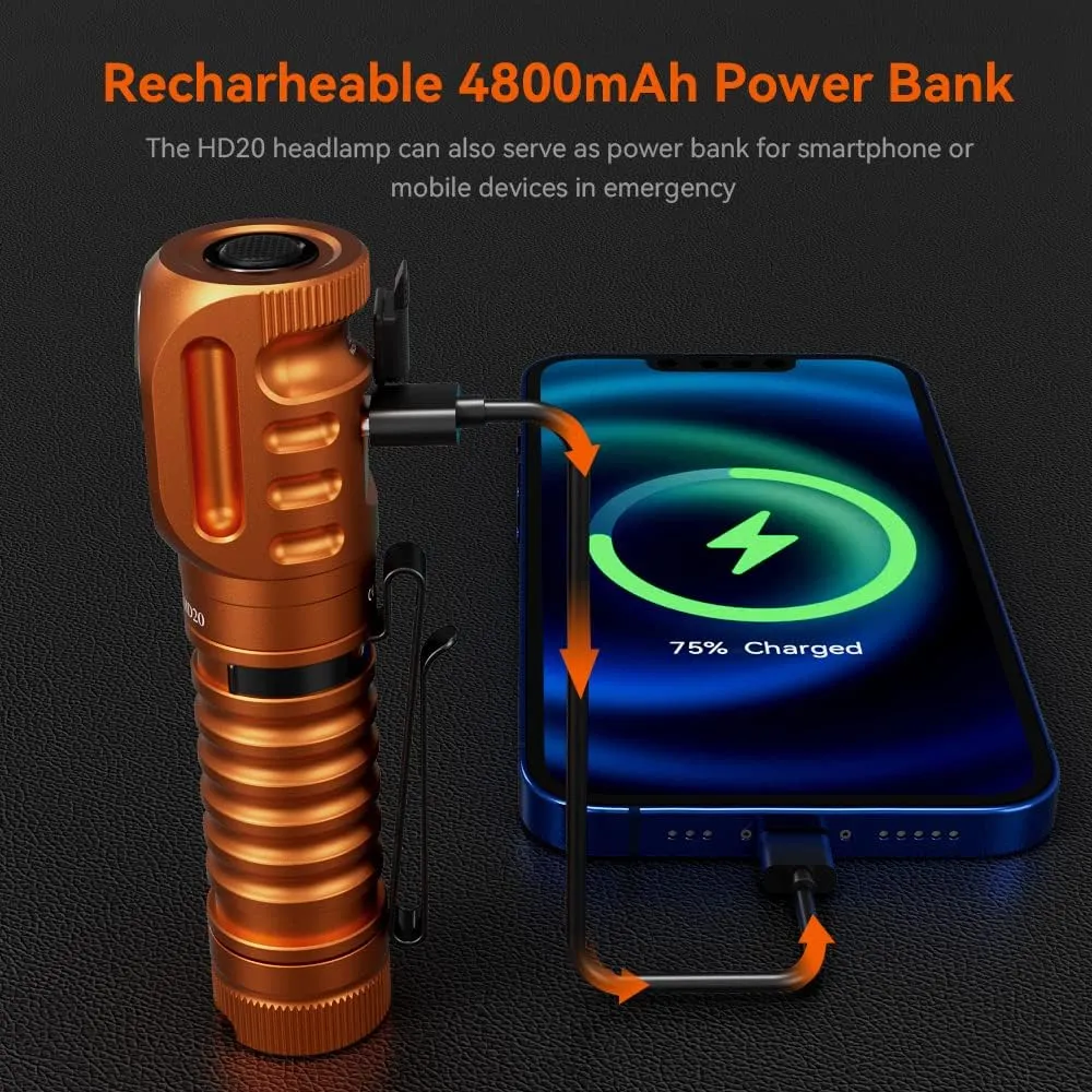 Wurkkos HD20 Rechargeable Headlamp Flashlight, Spotlight&Floodlight 90CRI 5000K Rechargeable Headlamp,2000Lumen Super Bright Headband Flashlight,IP68 Waterproof Headlamp for Camping Running(Orange)