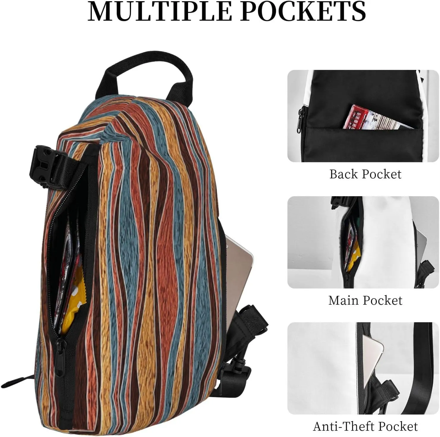 Wurton Colorful Stripes Print Travel Crossbody Backpack Bag,Lightweight Sling Bag For Travel Unisex