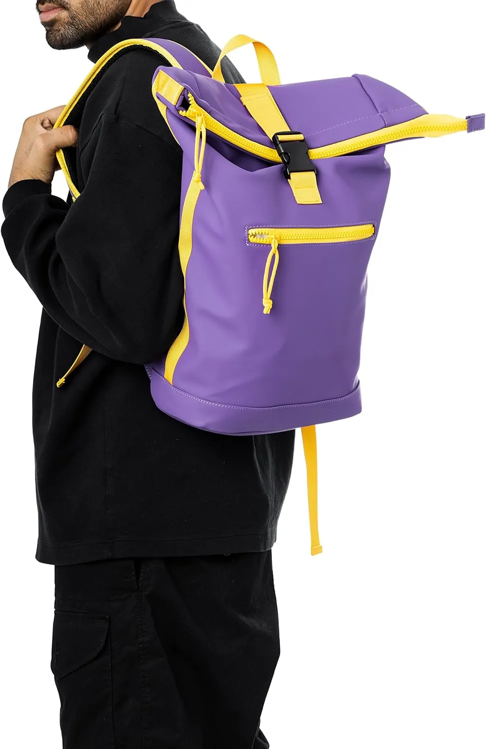 X RAY Roll Top Laptop Backpack for Men Women, PU Leather Expandable Roll Up Backpack Capacity Adjustable 22L & Fits 15.6" Laptop, Purple/Yellow