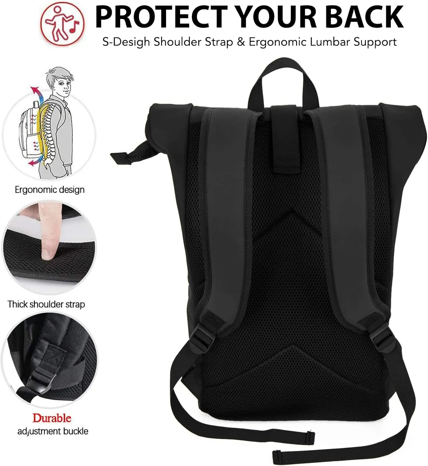 X RAY Roll Top Laptop Backpack for Men Women, PU Leather Expandable Roll Up Backpack Capacity Adjustable 22L & Fits 15.6" Laptop, Purple/Yellow