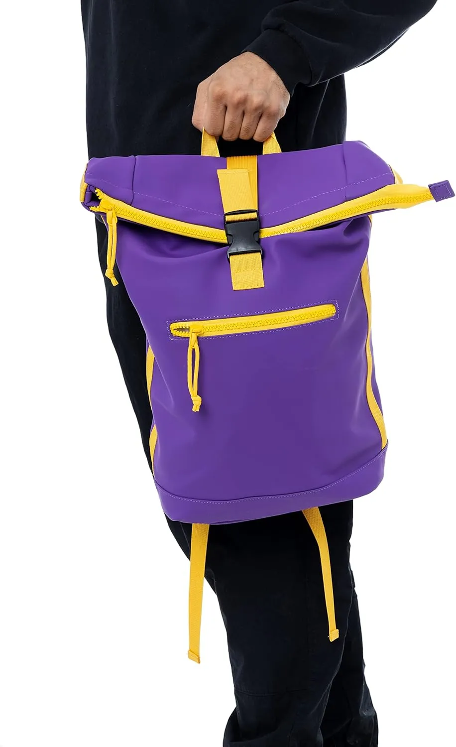 X RAY Roll Top Laptop Backpack for Men Women, PU Leather Expandable Roll Up Backpack Capacity Adjustable 22L & Fits 15.6" Laptop, Purple/Yellow