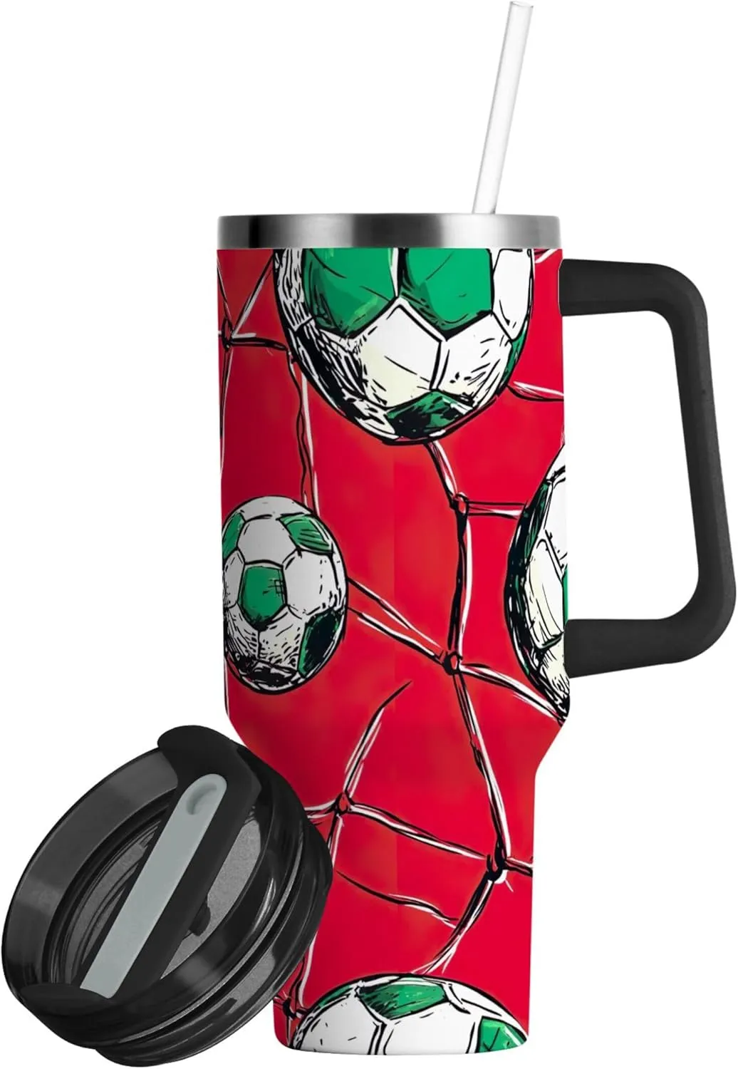 xigua 40 oz Soccer Balls Tumbler with Handle and Straw Lid, Stainless Steel Vacuum Insulated Sports Water Bottle, Keeps Cold or Hot Coffee Cup Travel Mug