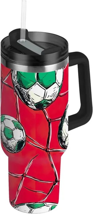 xigua 40 oz Soccer Balls Tumbler with Handle and Straw Lid, Stainless Steel Vacuum Insulated Sports Water Bottle, Keeps Cold or Hot Coffee Cup Travel Mug