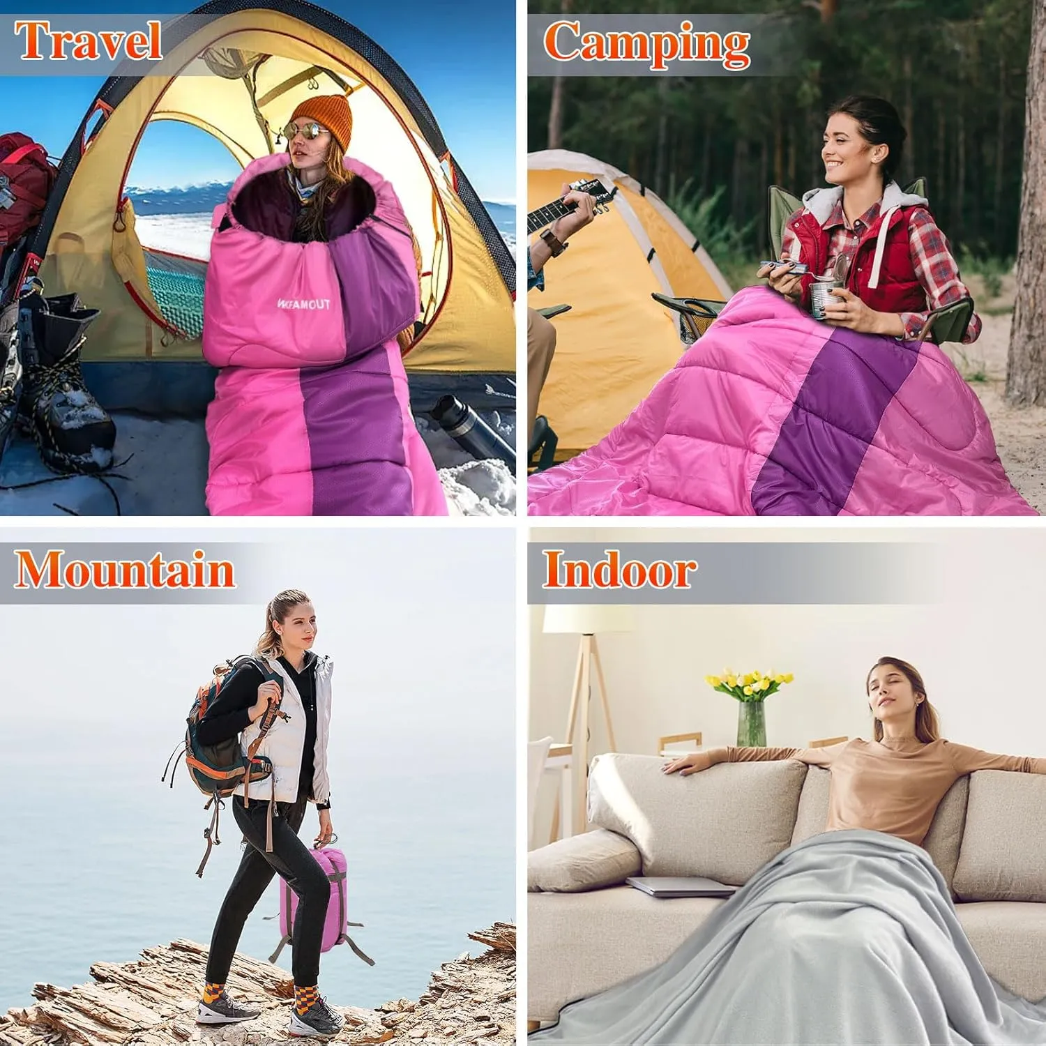 XL 10 Degree Sleeping Bags Waterproof for Adults 350GSM Machine Washable with Compression Sack for 3-4 Season Camping Outdoor
