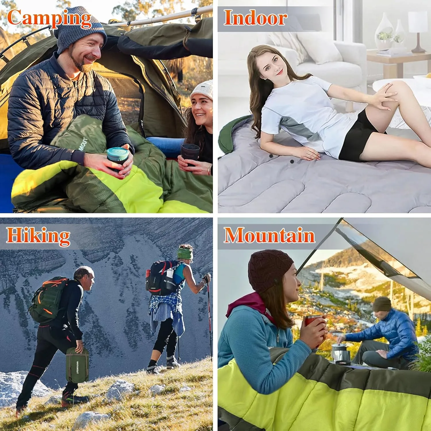 XL 10 Degree Sleeping Bags Waterproof for Adults 350GSM Machine Washable with Compression Sack for 3-4 Season Camping Outdoor