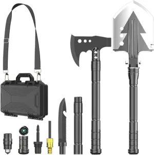 YANTOO Multipurpose Camping Tool Kit, Professional Vehicle Rescue Tool Box, Military Folding Shovel, with Axe, Compass, Screwdriver, Fire Starter, Carrying Case.
