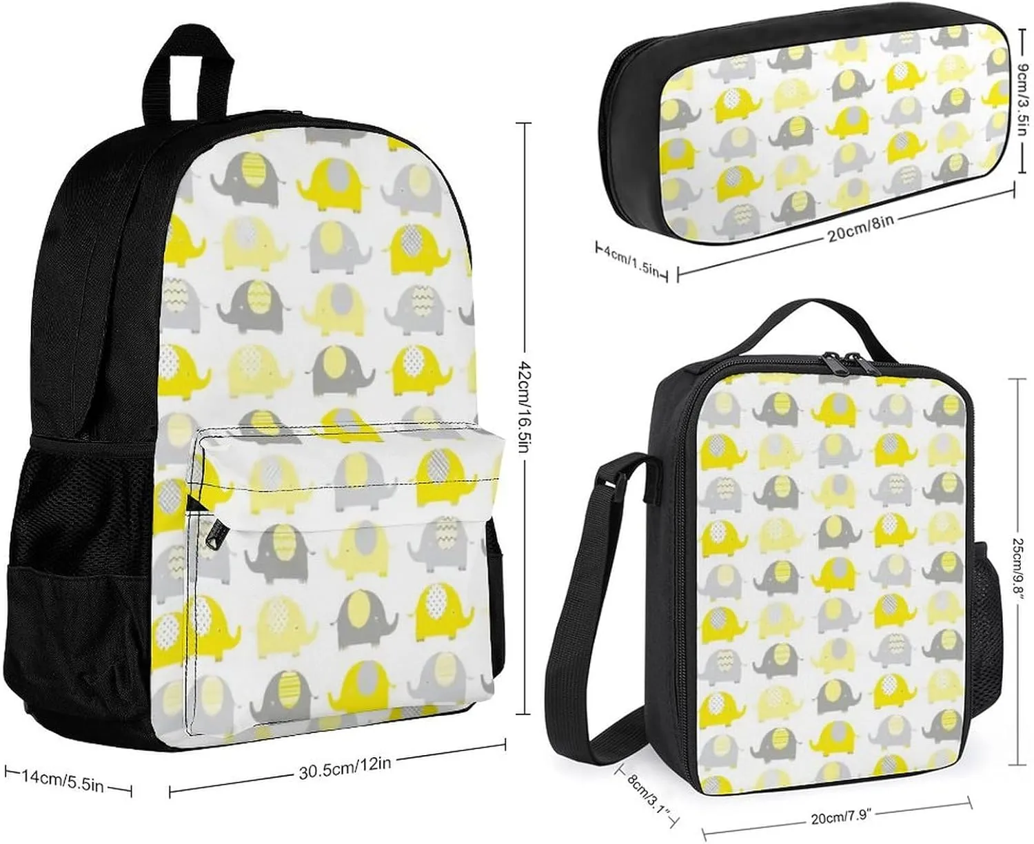 Yellow And Grey Cute Elephant Lightweight Pocket Backpack Crossbody Lunch Bag Set Unisex