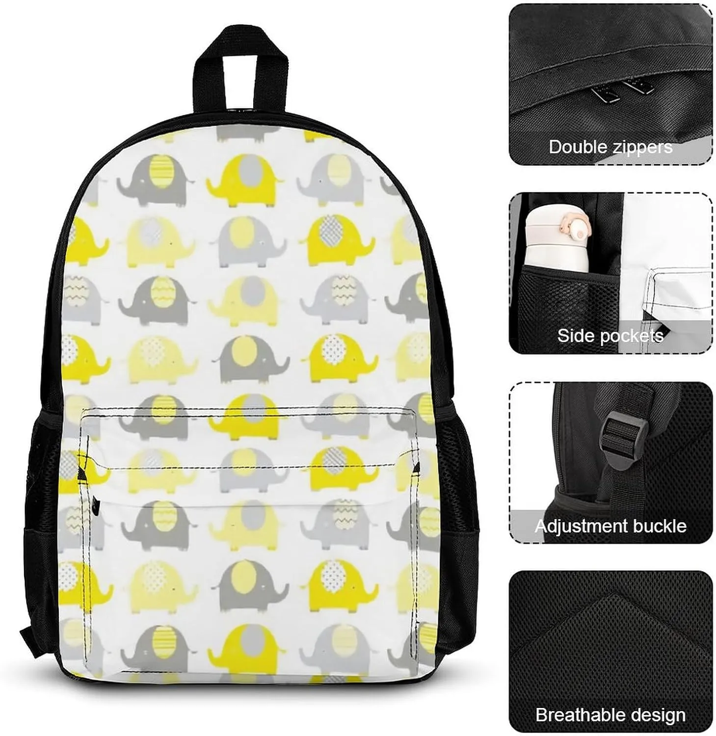 Yellow And Grey Cute Elephant Lightweight Pocket Backpack Crossbody Lunch Bag Set Unisex