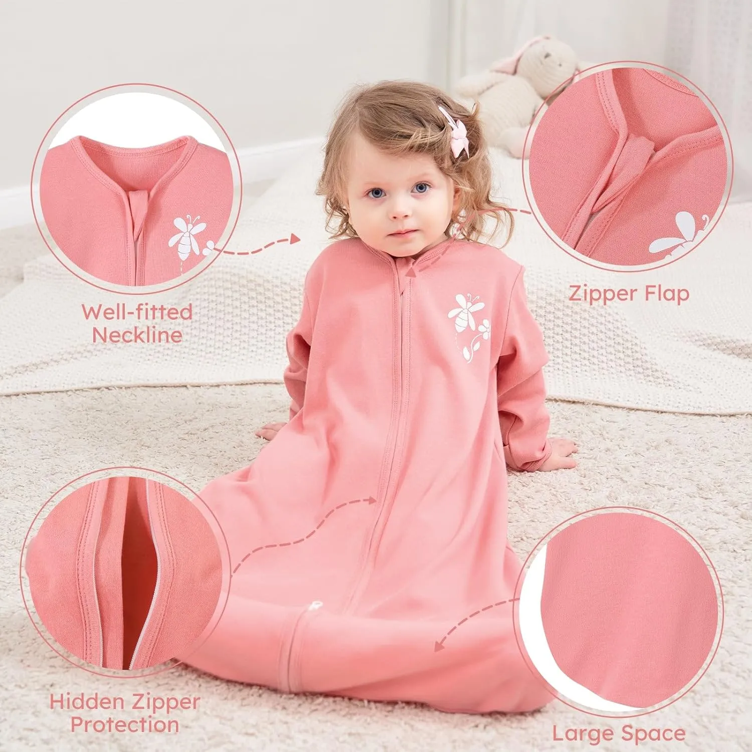 Yoofoss Baby Sleep Sack 0-6 Months Long Sleeve Wearable Blanket Baby 100% Organic Cotton 2-Way Zipper 0.5 Tog Newborn Sleeping Sack, Lightweight(Small)
