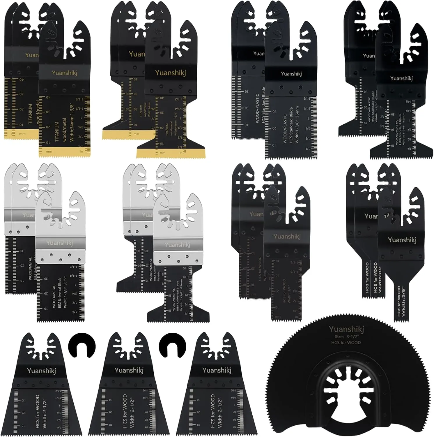 Yuanshikj 30PCS Mix(Titanium Bi-Metal) Metal Wood Plastics Universal Oscillating Multitool Saw Blades,Oscillating Tool Blade,Professional Quick Release Durable,Multi Tool Blades Kits