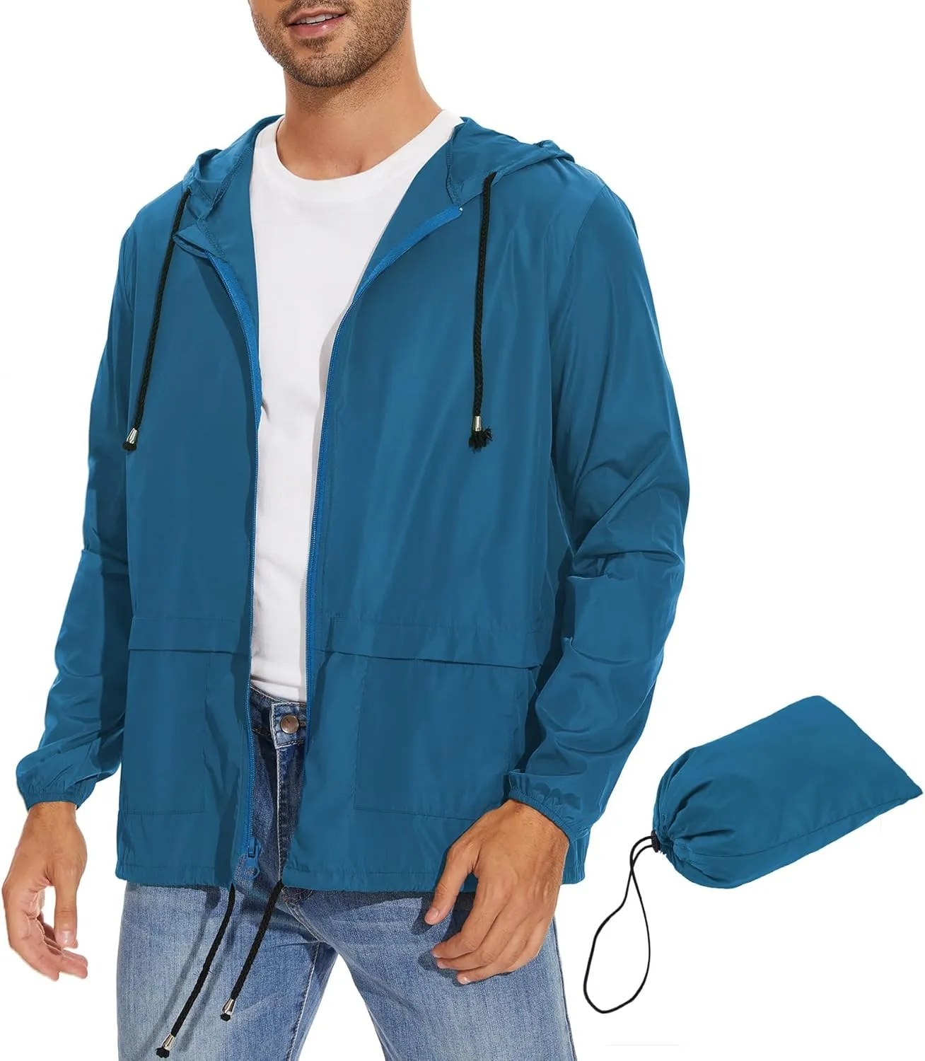 Zando Rain Jacket Mens Waterproof wtih Hood Lightweight Rain Coats for Men Windbreaker Jackets for Men Packable Mens Rain Jackets Cycling Raincoat Travel Rain Coat Outdoor Raincoats Blue XL