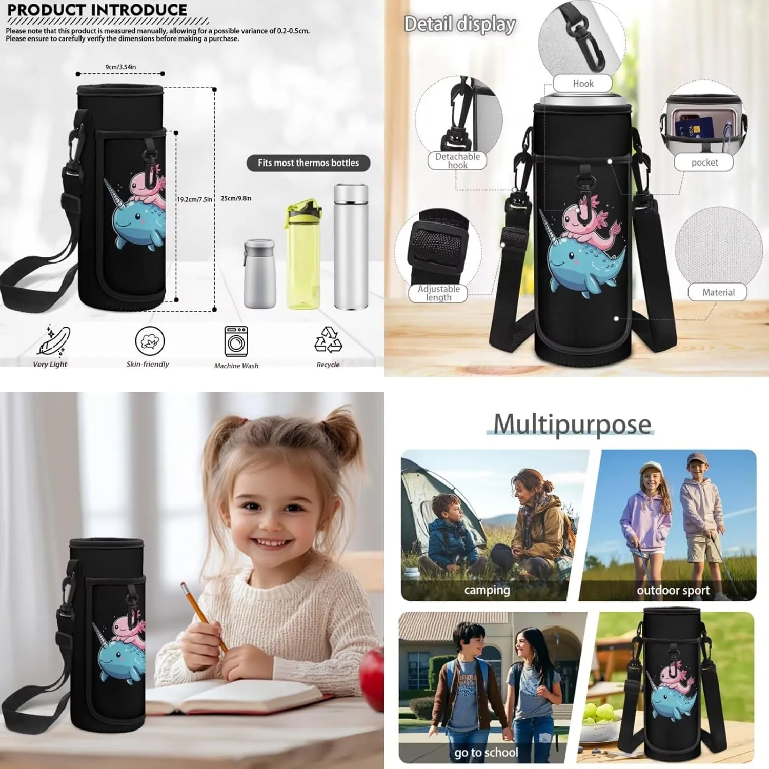 ZFRXIGN Axolotl Backpack with Lunchbox Pencil Pouch Water Bottle Cover Narwhal Cute Bookbag for Kids Elementary School Bag Boys Girls Shoulder Bag with Front Pockets 4Pcs Black