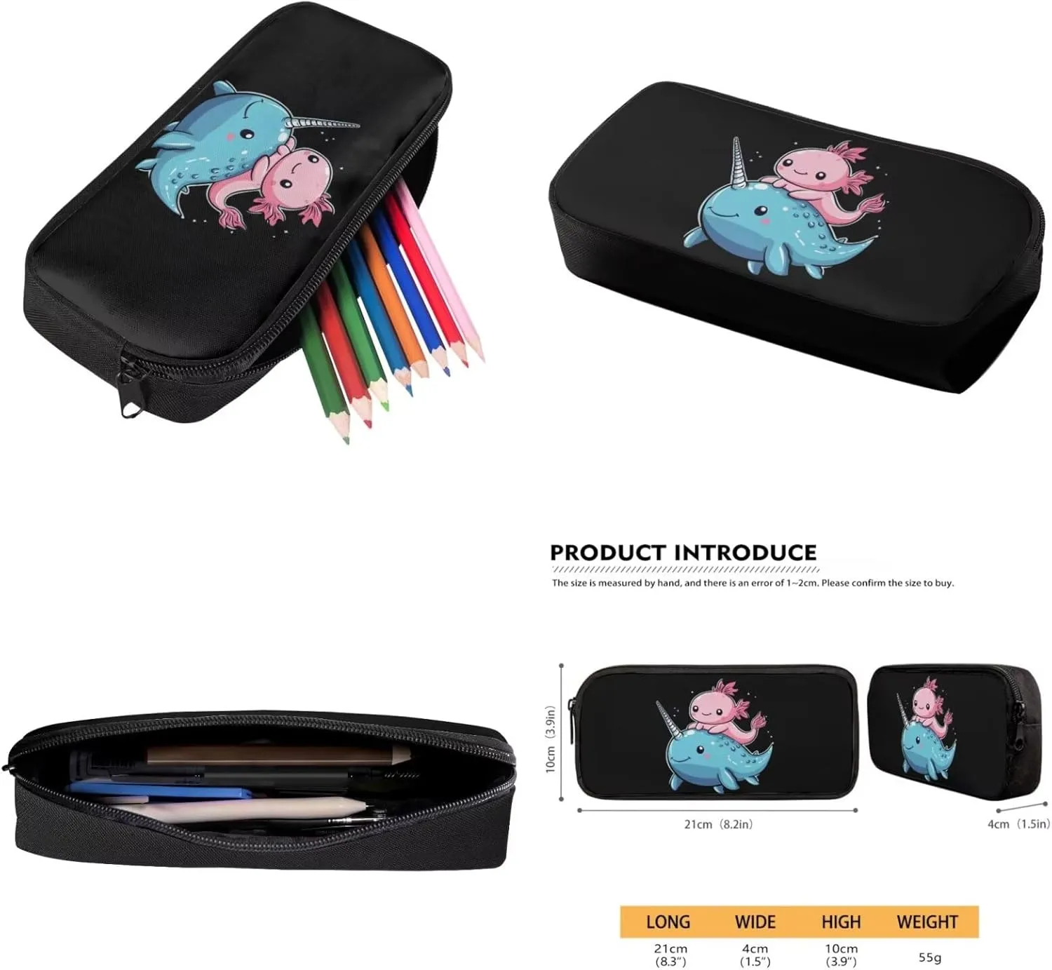 ZFRXIGN Axolotl Backpack with Lunchbox Pencil Pouch Water Bottle Cover Narwhal Cute Bookbag for Kids Elementary School Bag Boys Girls Shoulder Bag with Front Pockets 4Pcs Black
