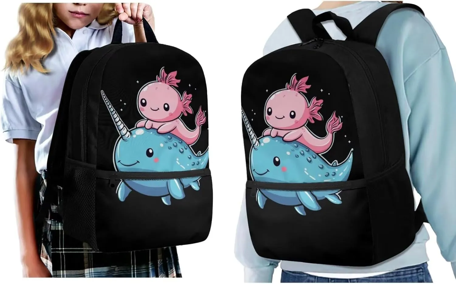 ZFRXIGN Axolotl Backpack with Lunchbox Pencil Pouch Water Bottle Cover Narwhal Cute Bookbag for Kids Elementary School Bag Boys Girls Shoulder Bag with Front Pockets 4Pcs Black