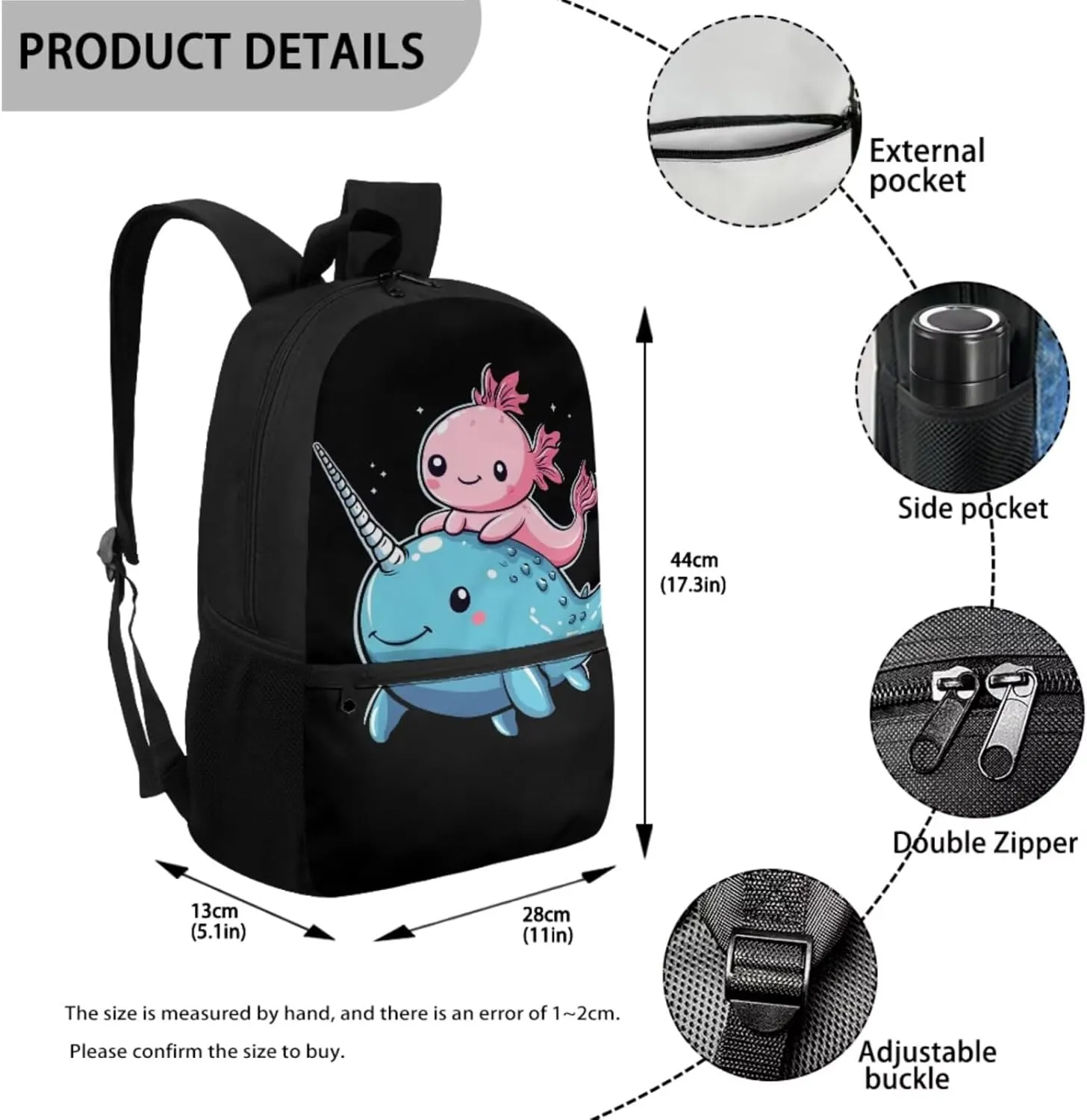 ZFRXIGN Axolotl Backpack with Lunchbox Pencil Pouch Water Bottle Cover Narwhal Cute Bookbag for Kids Elementary School Bag Boys Girls Shoulder Bag with Front Pockets 4Pcs Black