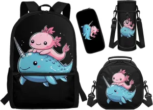 ZFRXIGN Axolotl Backpack with Lunchbox Pencil Pouch Water Bottle Cover Narwhal Cute Bookbag for Kids Elementary School Bag Boys Girls Shoulder Bag with Front Pockets 4Pcs Black