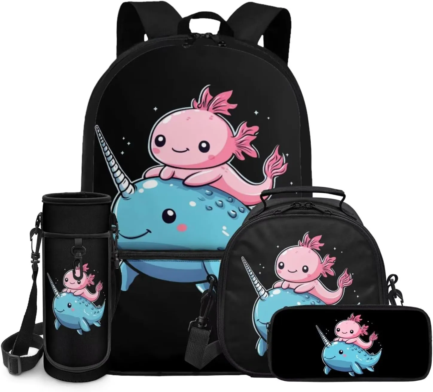 ZFRXIGN Axolotl Backpack with Lunchbox Pencil Pouch Water Bottle Cover Narwhal Cute Bookbag for Kids Elementary School Bag Boys Girls Shoulder Bag with Front Pockets 4Pcs Black