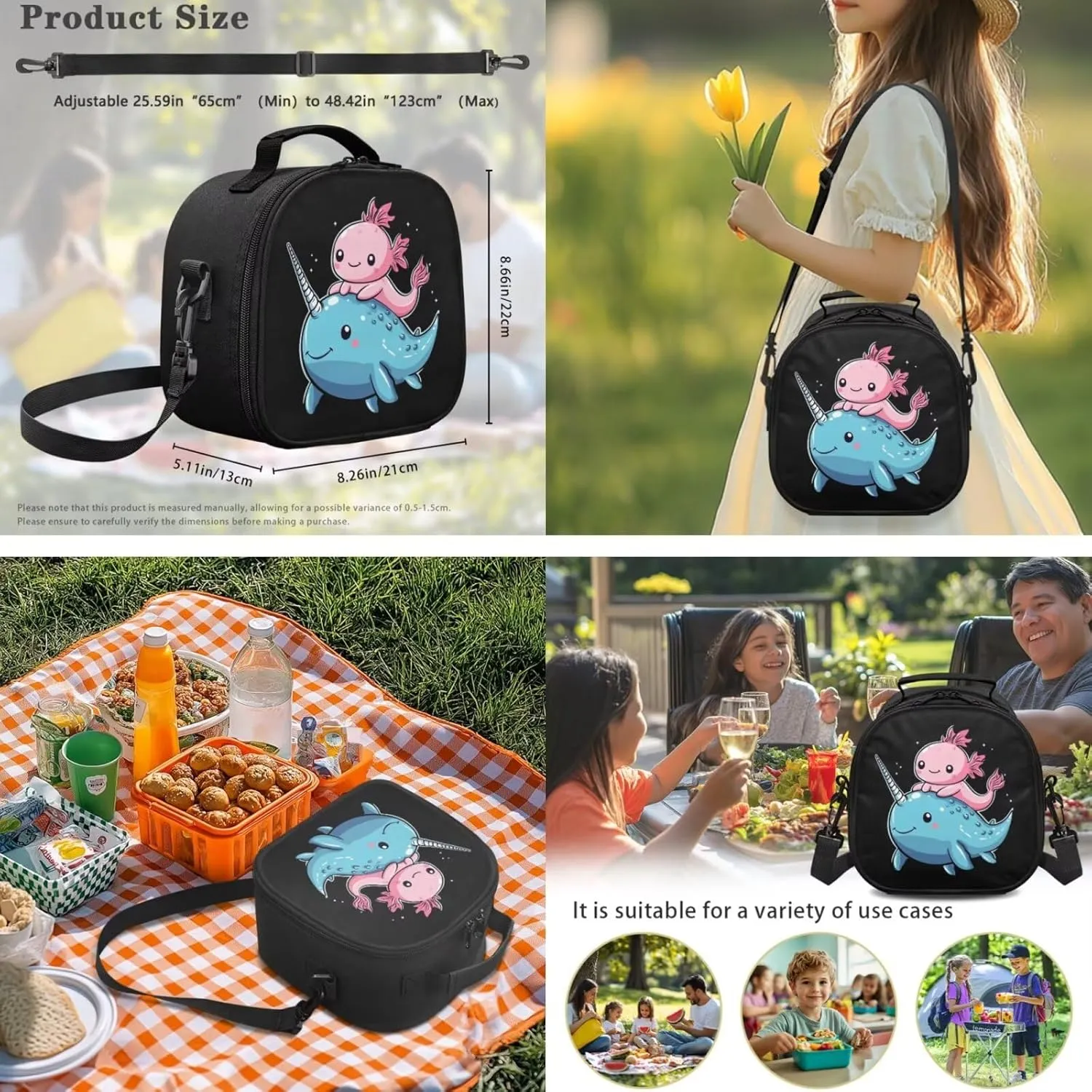 ZFRXIGN Axolotl Backpack with Lunchbox Pencil Pouch Water Bottle Cover Narwhal Cute Bookbag for Kids Elementary School Bag Boys Girls Shoulder Bag with Front Pockets 4Pcs Black