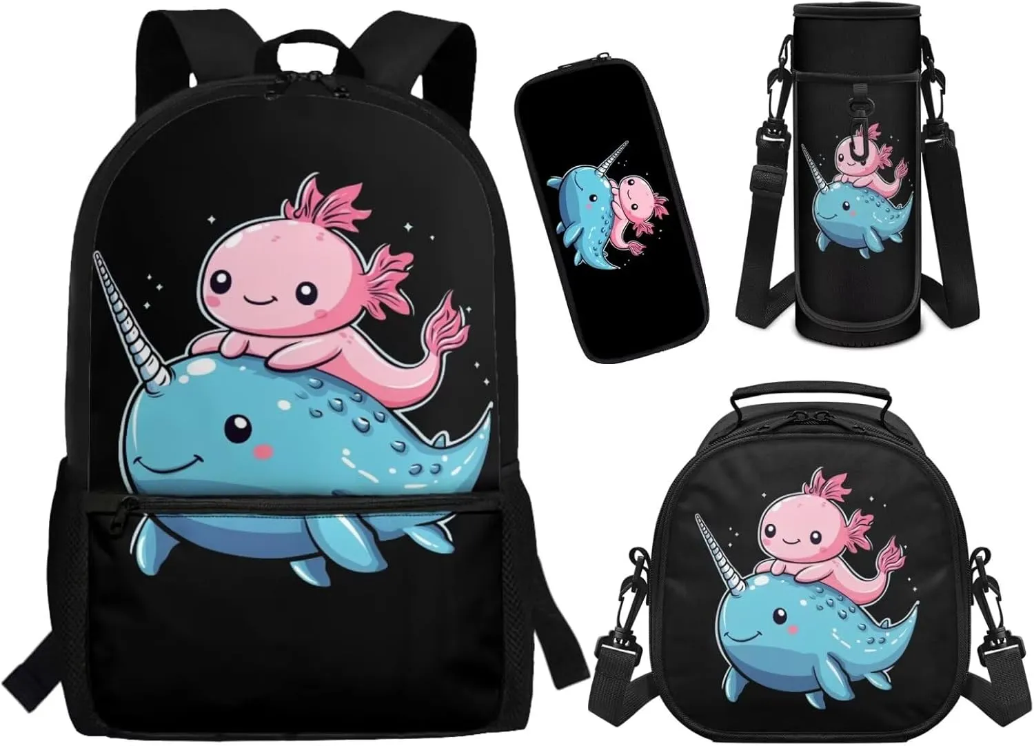 ZFRXIGN Axolotl Backpack with Lunchbox Pencil Pouch Water Bottle Cover Narwhal Cute Bookbag for Kids Elementary School Bag Boys Girls Shoulder Bag with Front Pockets 4Pcs Black