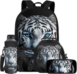 ZFRXIGN White Tiger with Blue Eyes Backpack for Boys School Backpack with Lunch Box Pencil Pouch and Water Bottle Cover for Elementary Middle School Bookbag Black