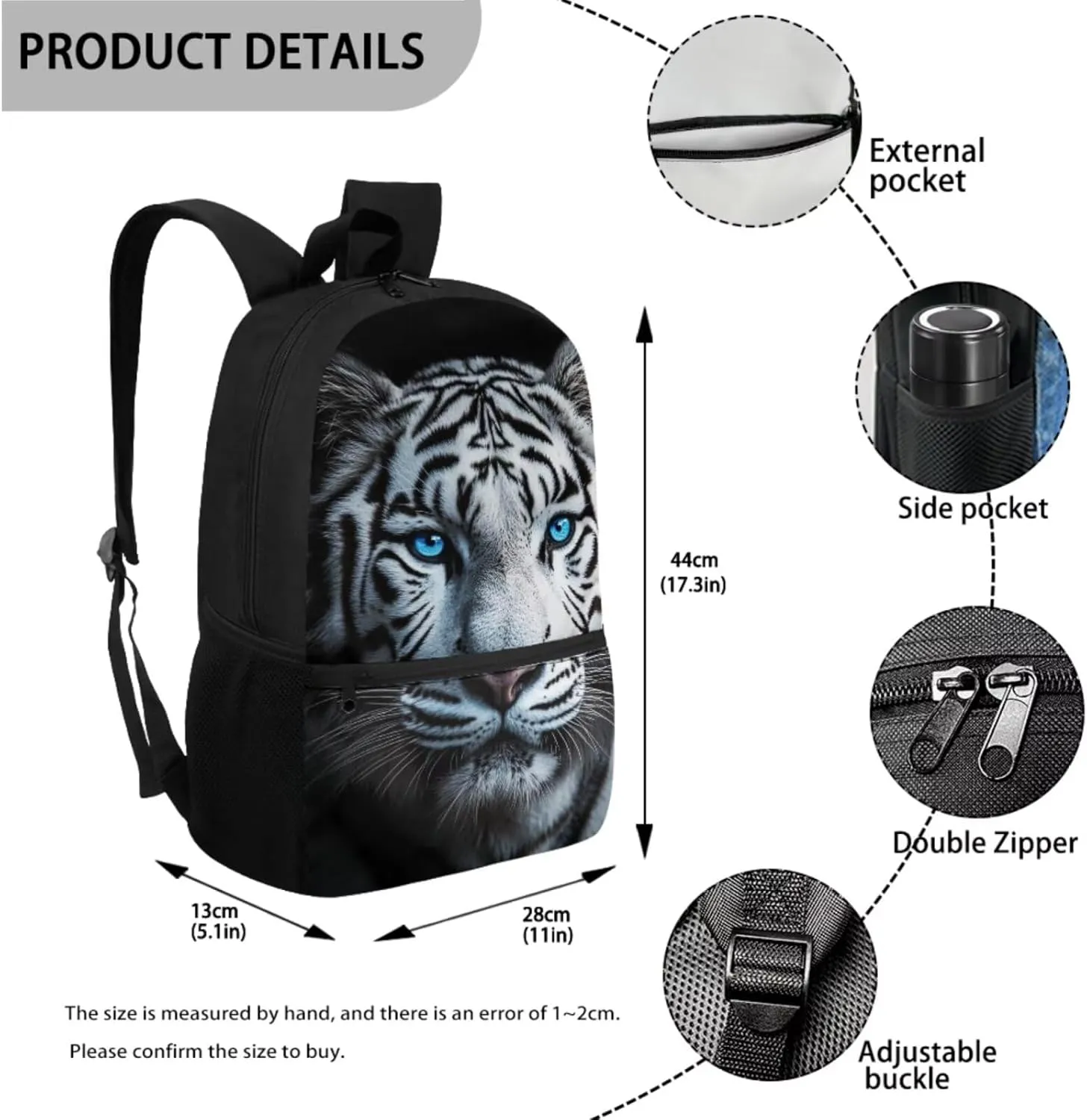 ZFRXIGN White Tiger with Blue Eyes Backpack for Boys School Backpack with Lunch Box Pencil Pouch and Water Bottle Cover for Elementary Middle School Bookbag Black