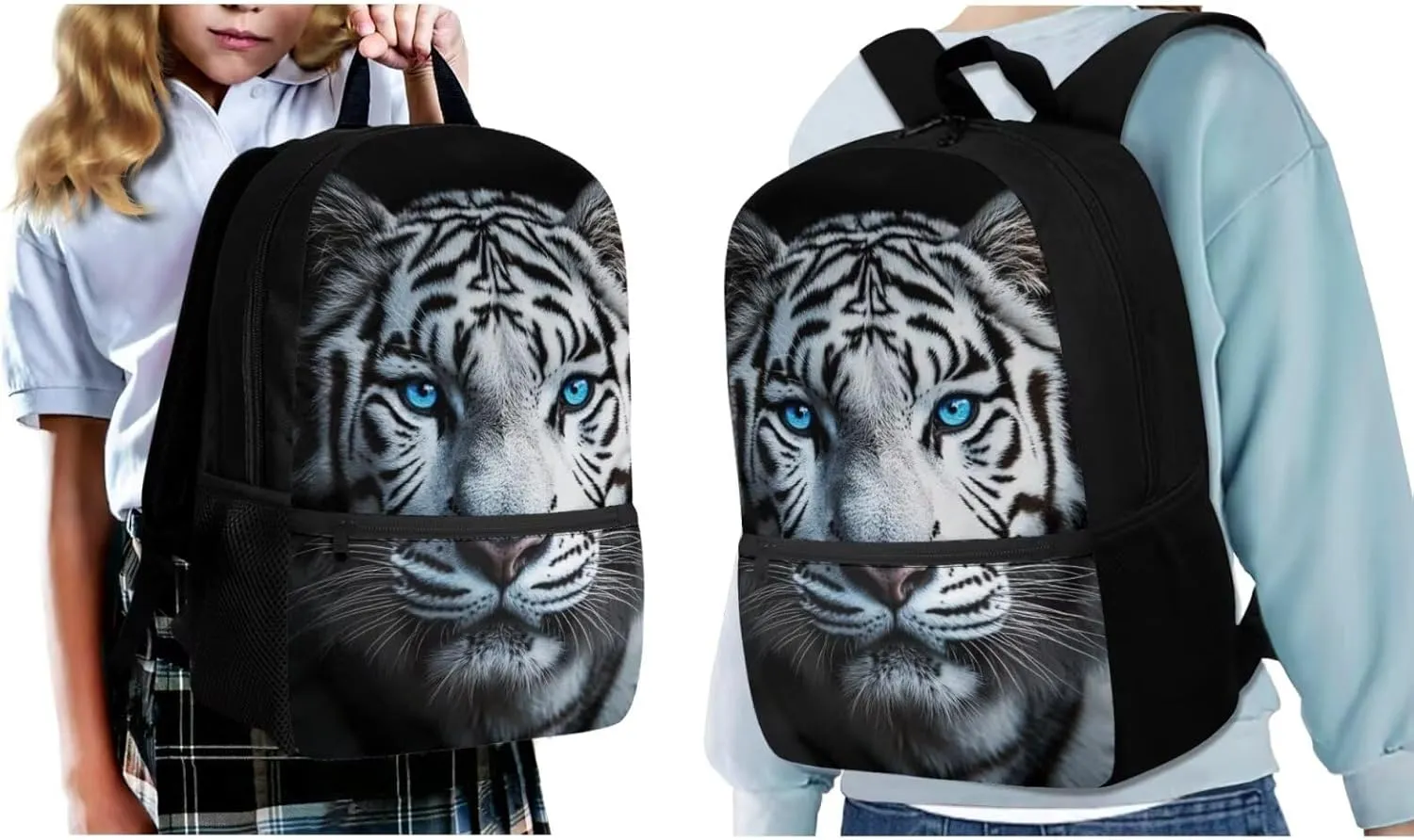 ZFRXIGN White Tiger with Blue Eyes Backpack for Boys School Backpack with Lunch Box Pencil Pouch and Water Bottle Cover for Elementary Middle School Bookbag Black