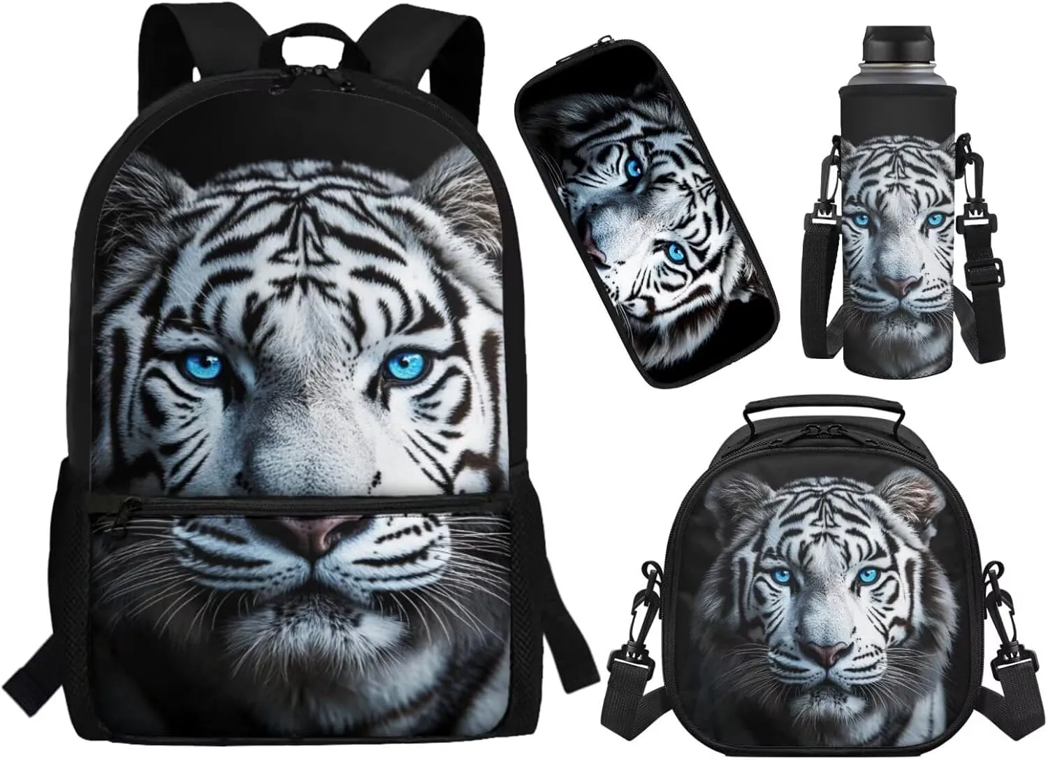 ZFRXIGN White Tiger with Blue Eyes Backpack for Boys School Backpack with Lunch Box Pencil Pouch and Water Bottle Cover for Elementary Middle School Bookbag Black