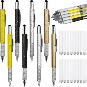 Zonon 32 Pcs Multitool Pen Gift for Men with 40 Refills, 6 in 1 Multi Tech Tool Pen for Christmas Screwdriver with Ruler Levelgauge(Gold, Black, Silver, Yellow)